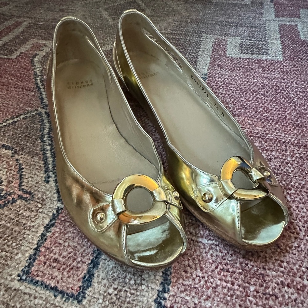 Stuart Weitzman Metallic Gold Peep Toe Flats